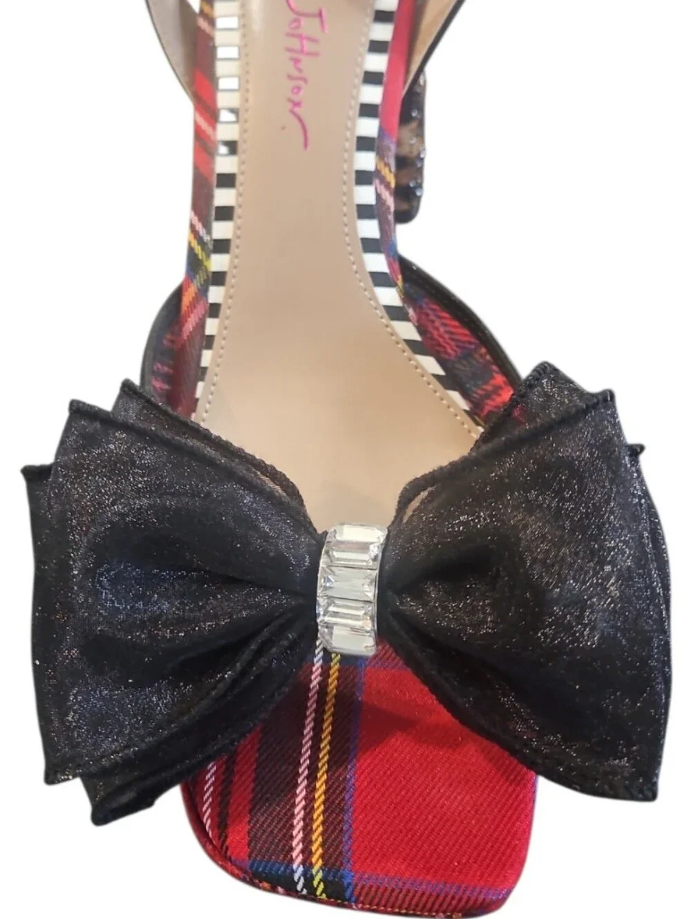 Betsey Johnson Palloma Red Plaid Platform Bow Dress Sandals Sz 9 Leopard Heel - Picture 11 of 12